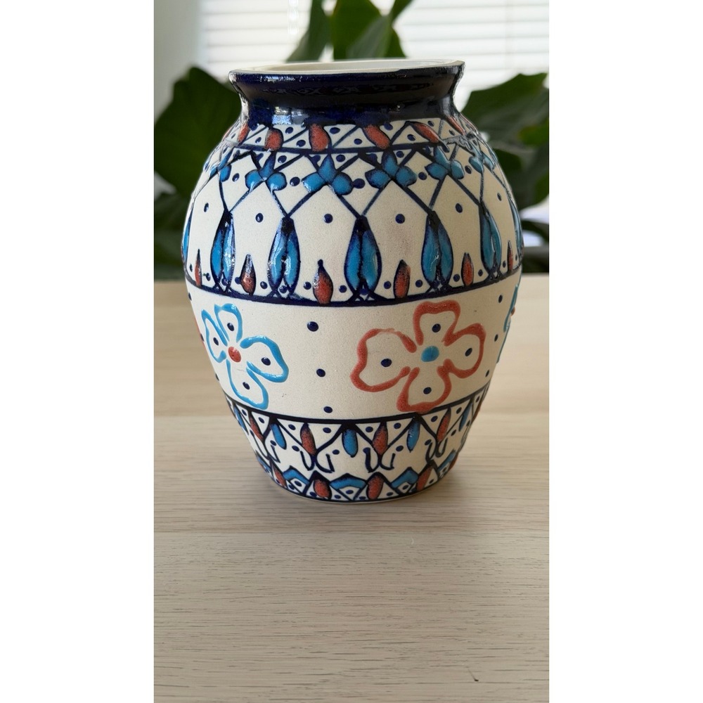 Quimicral Mexico Hand Painted Ceramic Bud Vase Blue Floral Folk Art Pottery 6"